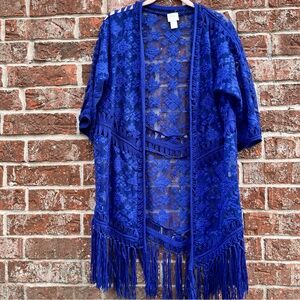 Chico's Royal Blue Lace Kimono with Fringe Sz 1